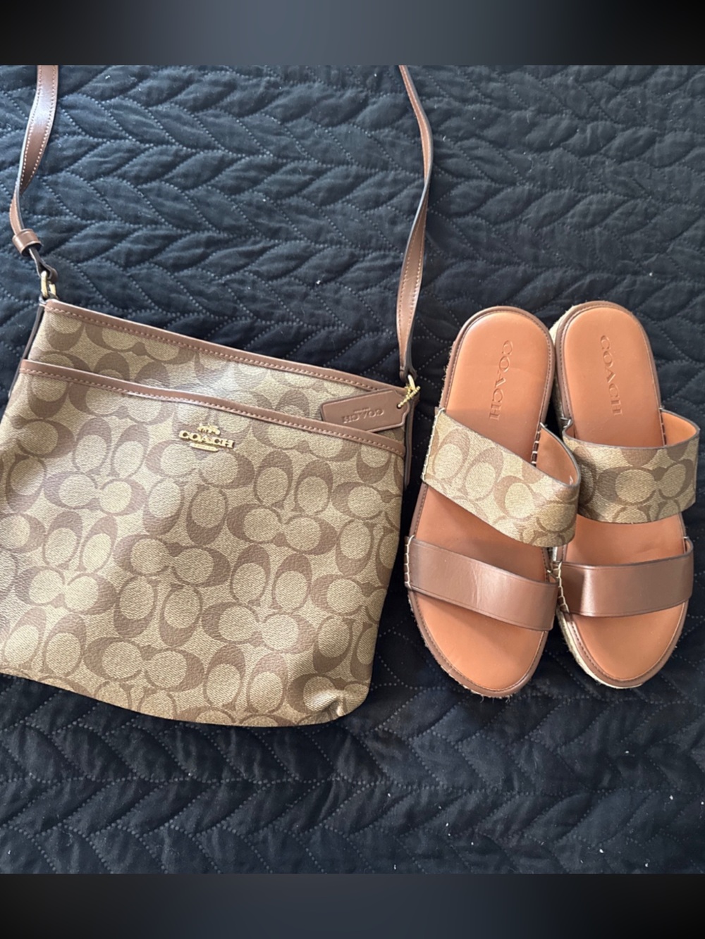 Coach Brown Signature Canvas Crossbody Bag and shoes